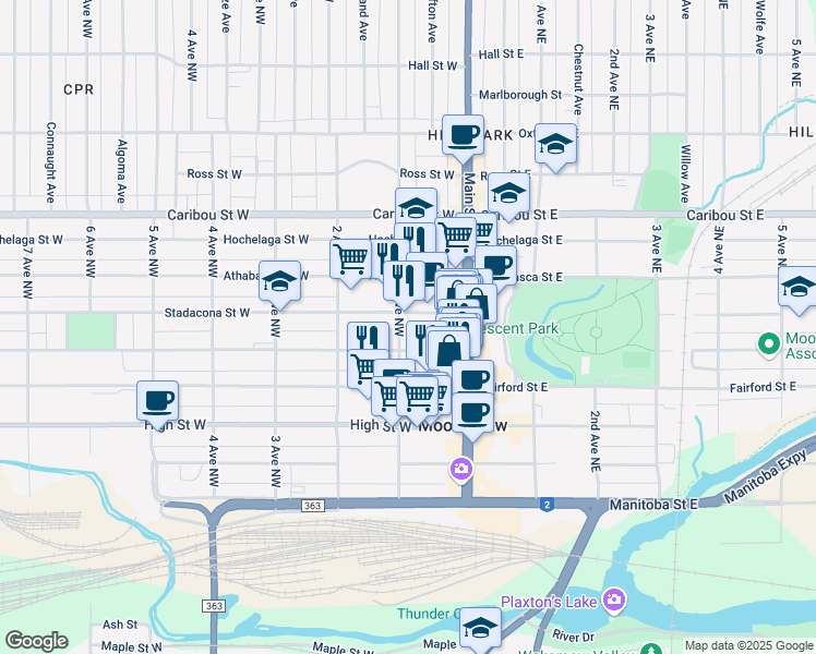 map of restaurants, bars, coffee shops, grocery stores, and more near 423 1 Avenue Northwest in Moose Jaw