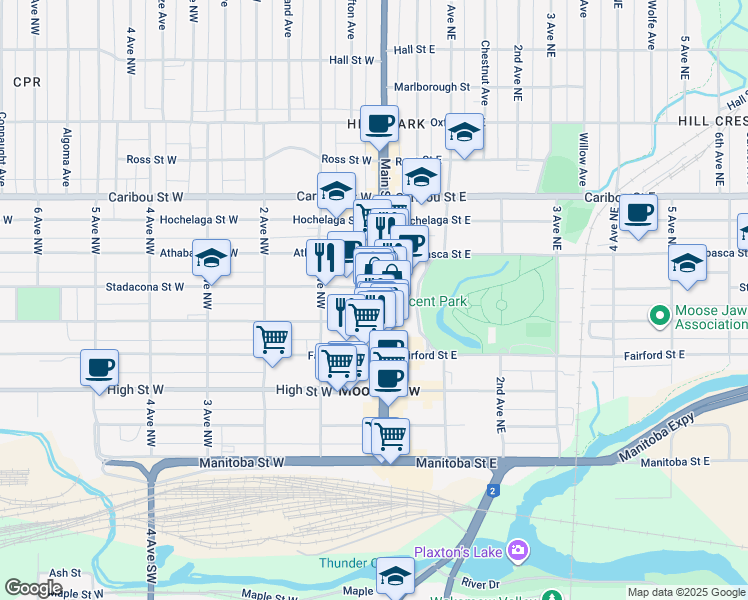 map of restaurants, bars, coffee shops, grocery stores, and more near 428 Main Street North in Moose Jaw