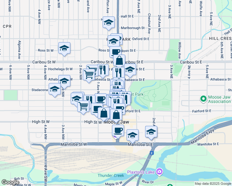 map of restaurants, bars, coffee shops, grocery stores, and more near 428 Main Street North in Moose Jaw