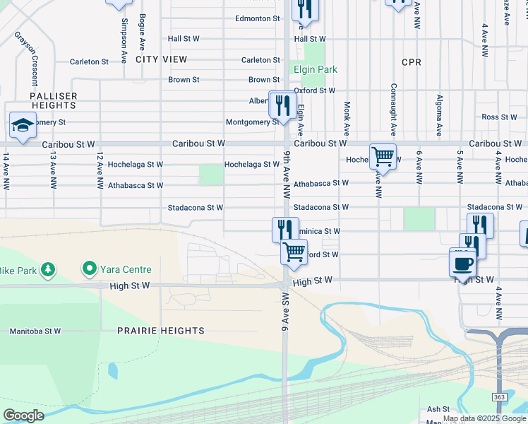 map of restaurants, bars, coffee shops, grocery stores, and more near 923 Stadacona Street West in Moose Jaw