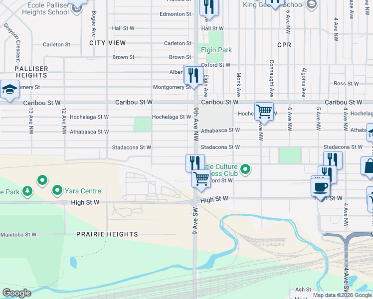 map of restaurants, bars, coffee shops, grocery stores, and more near 428 9th Avenue Northwest in Moose Jaw