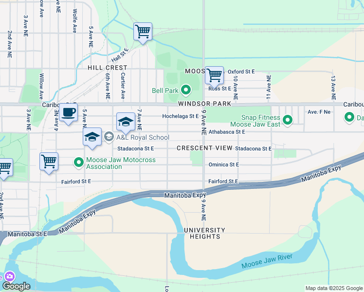 map of restaurants, bars, coffee shops, grocery stores, and more near 824 Stadacona Street East in Moose Jaw