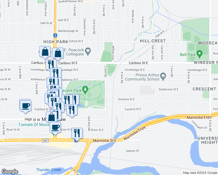 map of restaurants, bars, coffee shops, grocery stores, and more near 507 3 Avenue Northeast in Moose Jaw