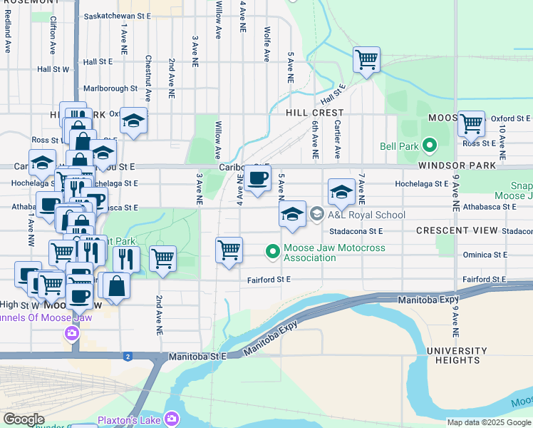 map of restaurants, bars, coffee shops, grocery stores, and more near 440 Athabasca Street East in Moose Jaw