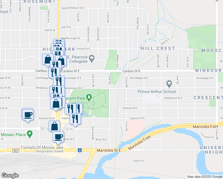 map of restaurants, bars, coffee shops, grocery stores, and more near 537 3 Avenue Northeast in Moose Jaw