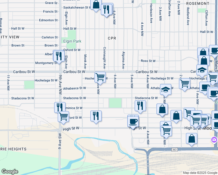 map of restaurants, bars, coffee shops, grocery stores, and more near 630 Athabasca Street West in Moose Jaw