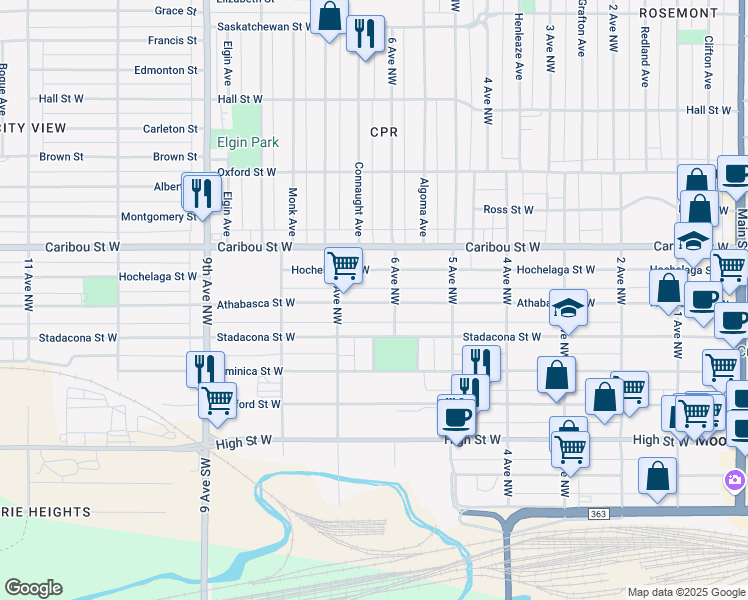 map of restaurants, bars, coffee shops, grocery stores, and more near 630 Athabasca Street West in Moose Jaw