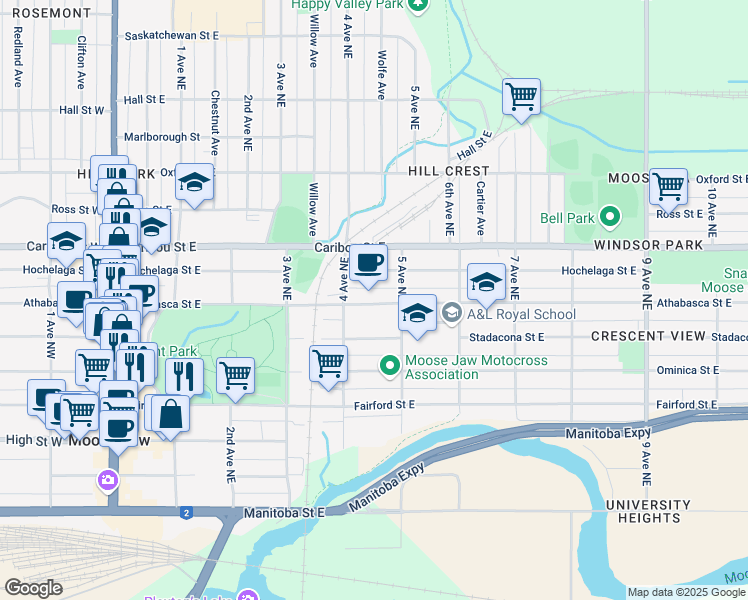 map of restaurants, bars, coffee shops, grocery stores, and more near 440 Athabasca Street East in Moose Jaw