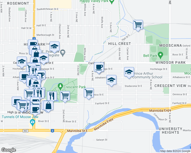 map of restaurants, bars, coffee shops, grocery stores, and more near 412 Athabasca Street East in Moose Jaw
