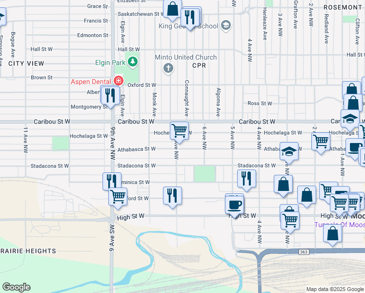 map of restaurants, bars, coffee shops, grocery stores, and more near 670 Athabasca Street West in Moose Jaw