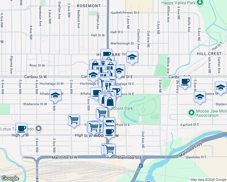map of restaurants, bars, coffee shops, grocery stores, and more near 24 Athabasca Street East in Moose Jaw