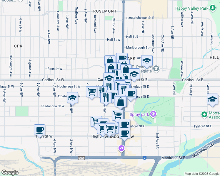map of restaurants, bars, coffee shops, grocery stores, and more near 80 Athabasca Street West in Moose Jaw