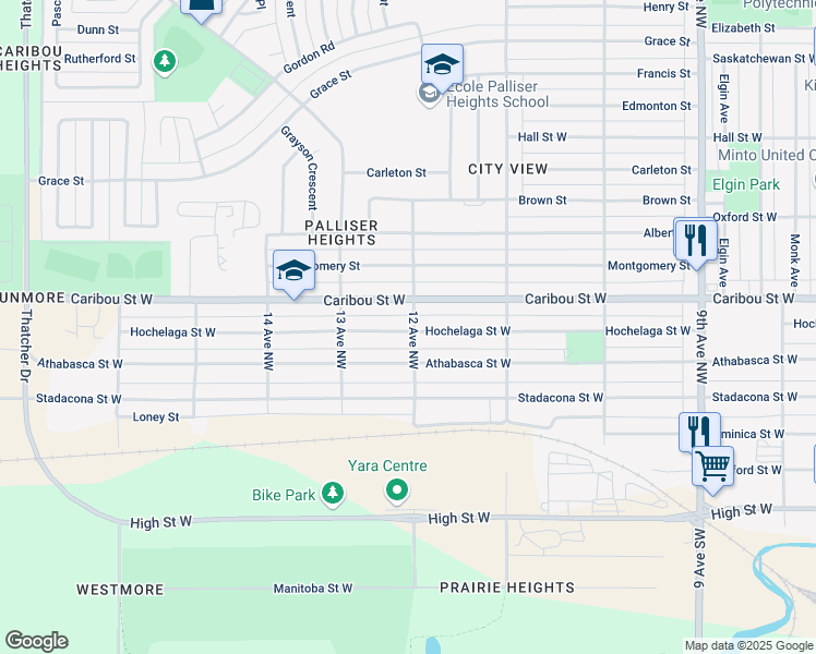 map of restaurants, bars, coffee shops, grocery stores, and more near 1204 Hochelaga Street West in Moose Jaw