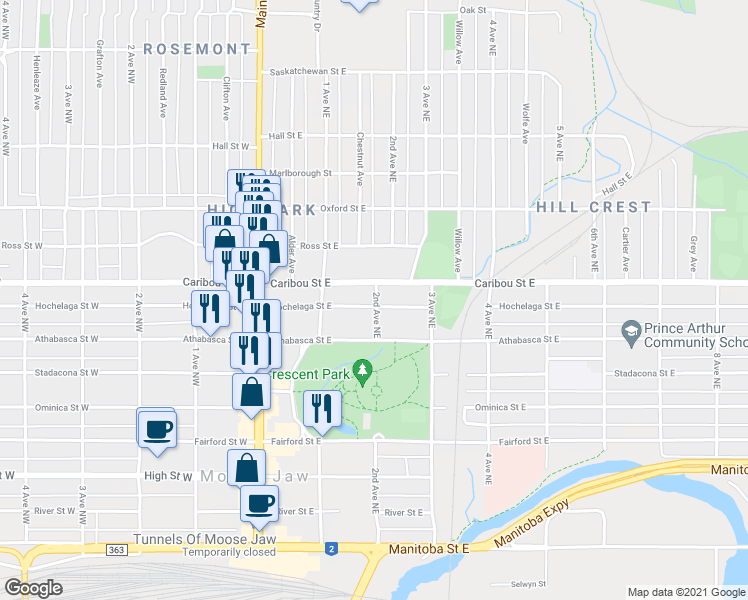 map of restaurants, bars, coffee shops, grocery stores, and more near 180 Hochelaga Street East in Moose Jaw