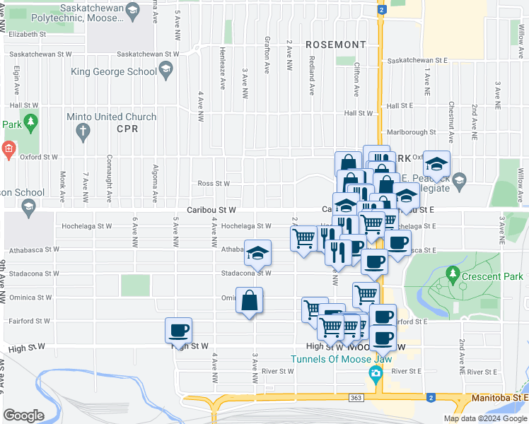 map of restaurants, bars, coffee shops, grocery stores, and more near 255 Caribou Street West in Moose Jaw