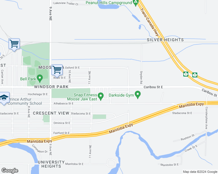 map of restaurants, bars, coffee shops, grocery stores, and more near Caribou Street East in Moose Jaw
