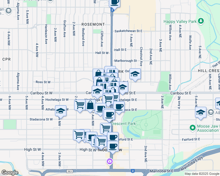 map of restaurants, bars, coffee shops, grocery stores, and more near 822 Main Street North in Moose Jaw