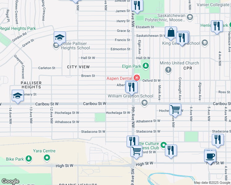 map of restaurants, bars, coffee shops, grocery stores, and more near 944 Montgomery Street in Moose Jaw