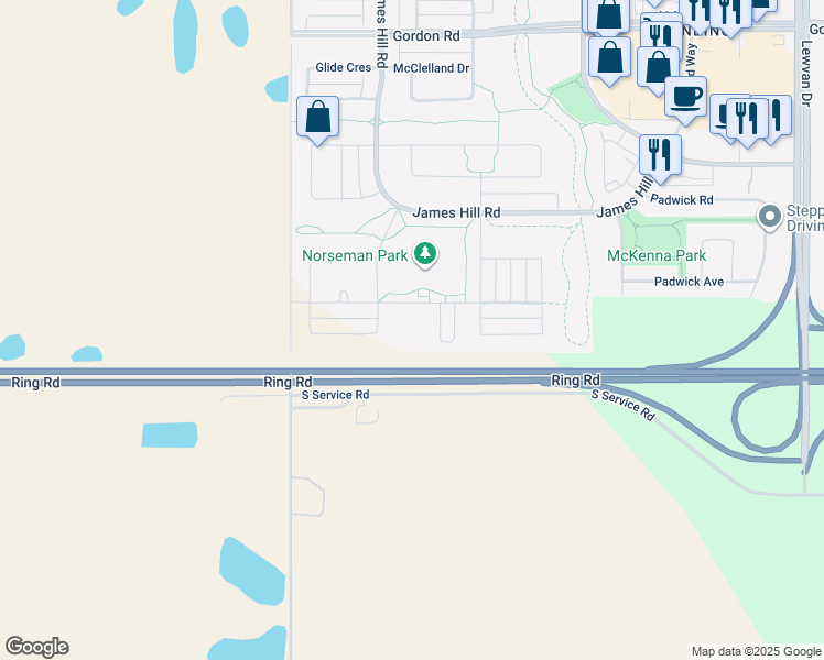 map of restaurants, bars, coffee shops, grocery stores, and more near 5401 Beacon Drive in Regina
