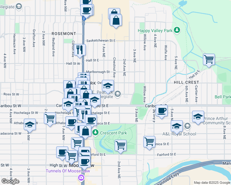 map of restaurants, bars, coffee shops, grocery stores, and more near 909 Chestnut Avenue in Moose Jaw