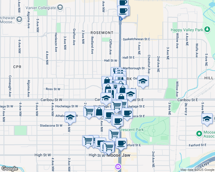 map of restaurants, bars, coffee shops, grocery stores, and more near 66 Ross Street West in Moose Jaw