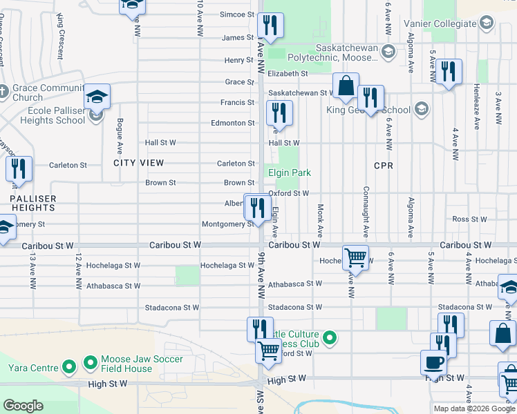map of restaurants, bars, coffee shops, grocery stores, and more near 880 9th Avenue Northwest in Moose Jaw