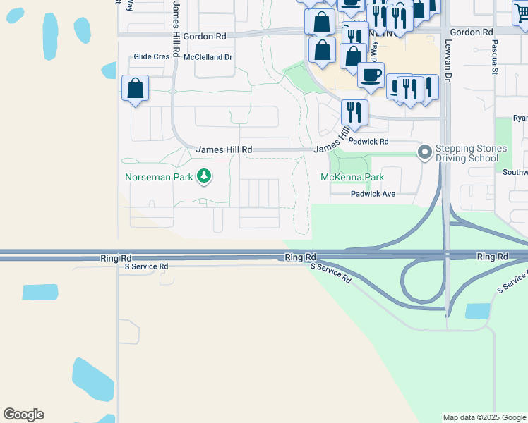 map of restaurants, bars, coffee shops, grocery stores, and more near 5137 Beacon Way in Regina