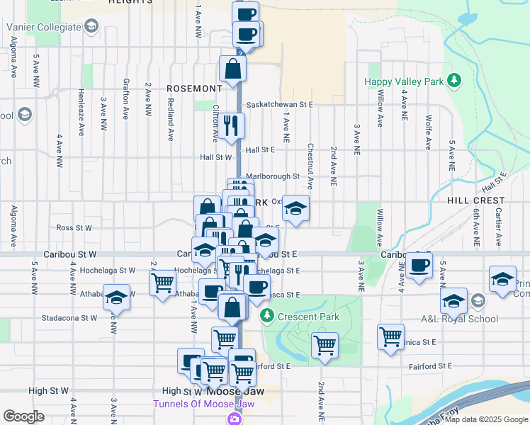 map of restaurants, bars, coffee shops, grocery stores, and more near 929 Alder Avenue in Moose Jaw