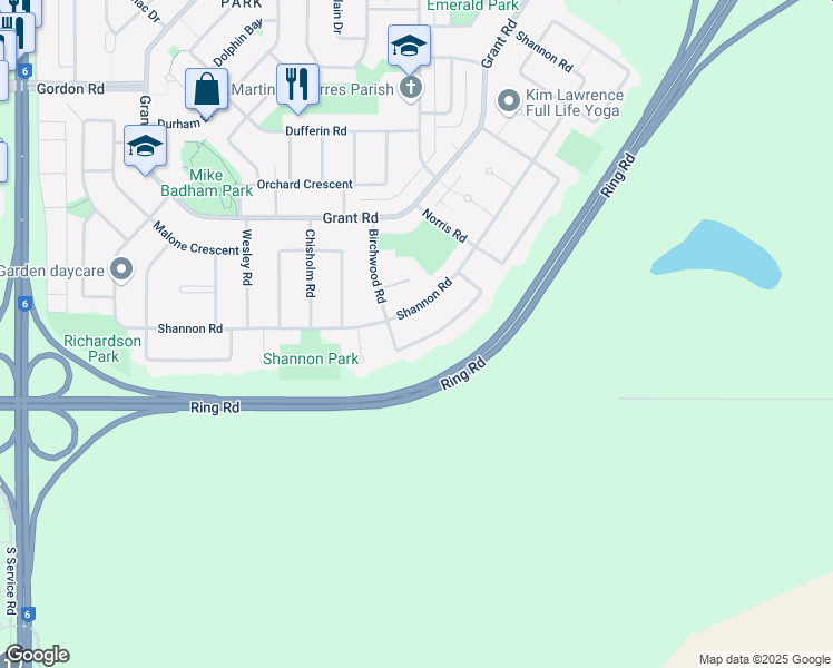 map of restaurants, bars, coffee shops, grocery stores, and more near 136 Birchwood Crescent in Regina