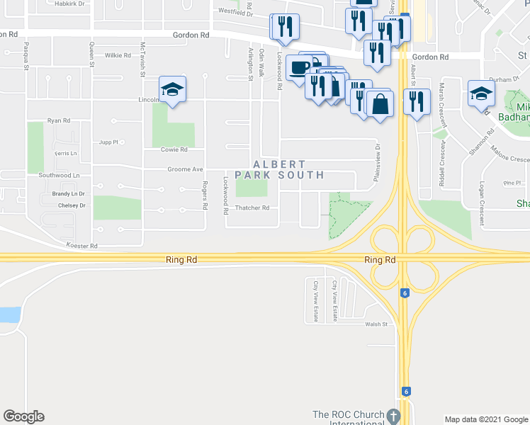 map of restaurants, bars, coffee shops, grocery stores, and more near 11 Thatcher Road in Regina