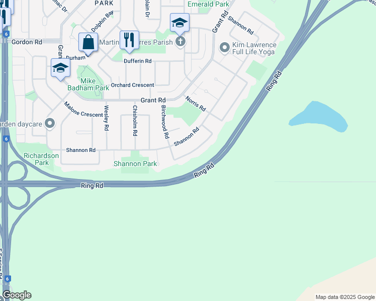 map of restaurants, bars, coffee shops, grocery stores, and more near 136 Birchwood Crescent in Regina