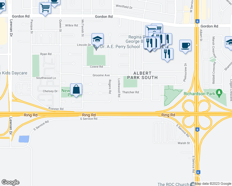 map of restaurants, bars, coffee shops, grocery stores, and more near 344 Lockwood Road in Regina