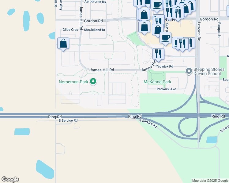 map of restaurants, bars, coffee shops, grocery stores, and more near 5137 Beacon Way in Regina