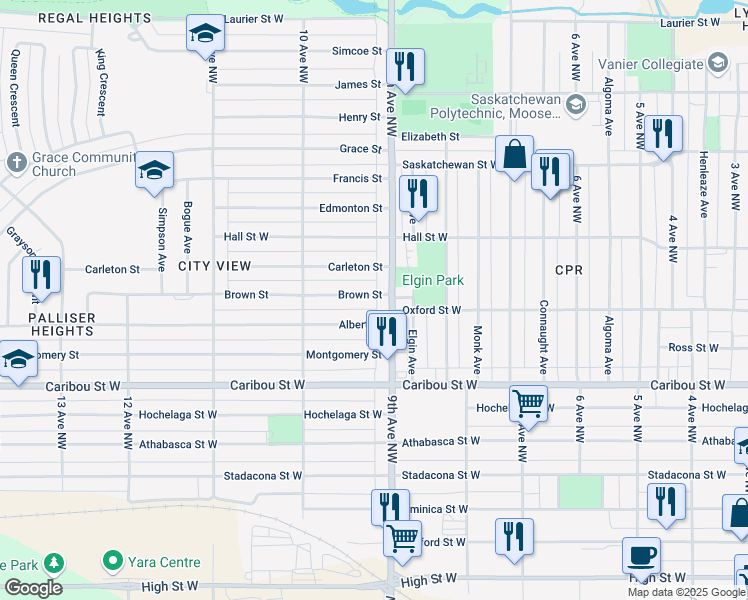map of restaurants, bars, coffee shops, grocery stores, and more near 911 Brown Street in Moose Jaw