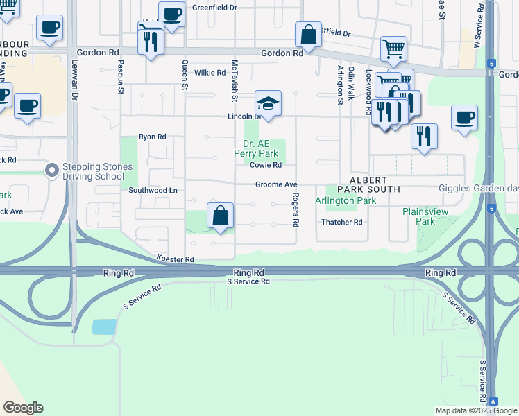 map of restaurants, bars, coffee shops, grocery stores, and more near 3627 White Bay in Regina