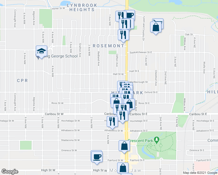 map of restaurants, bars, coffee shops, grocery stores, and more near 1015 1 Avenue Northwest in Moose Jaw