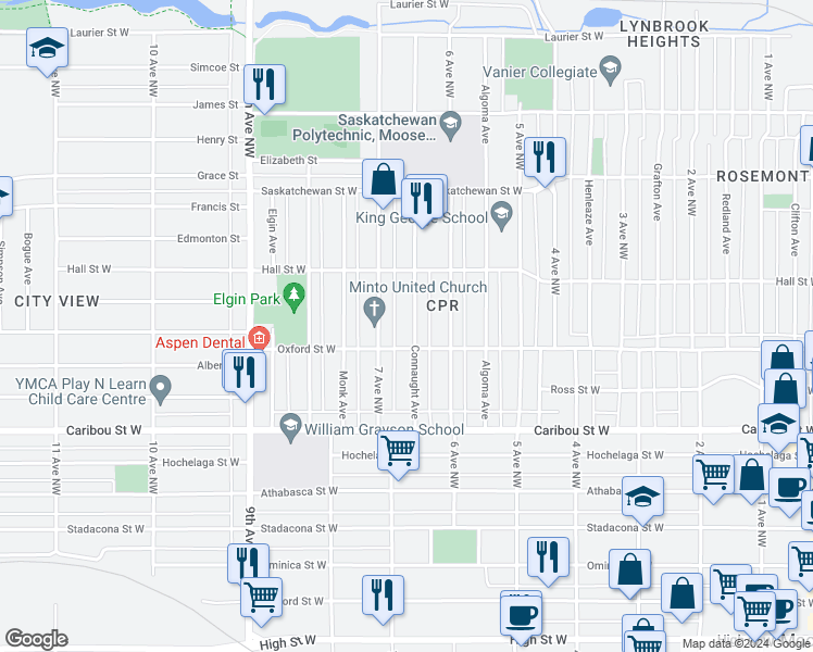 map of restaurants, bars, coffee shops, grocery stores, and more near 1030 Connaught Avenue in Moose Jaw