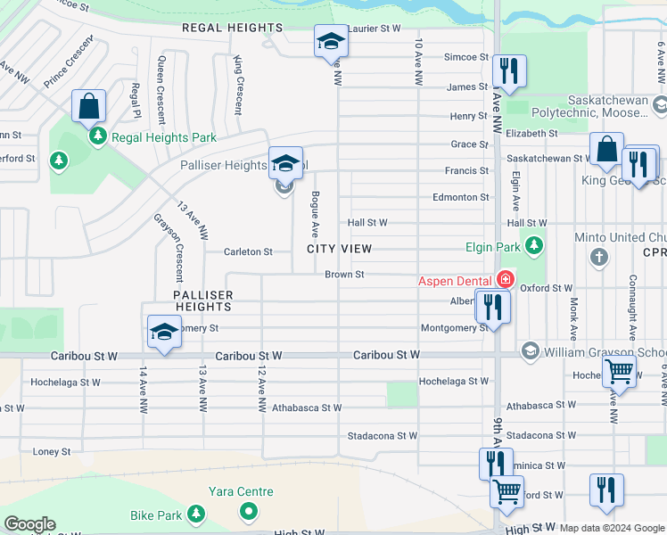 map of restaurants, bars, coffee shops, grocery stores, and more near 1018 11 Avenue Northwest in Moose Jaw