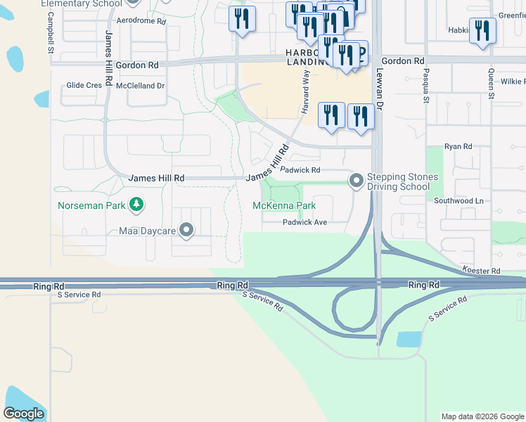 map of restaurants, bars, coffee shops, grocery stores, and more near 5042 Padwick Road in Regina
