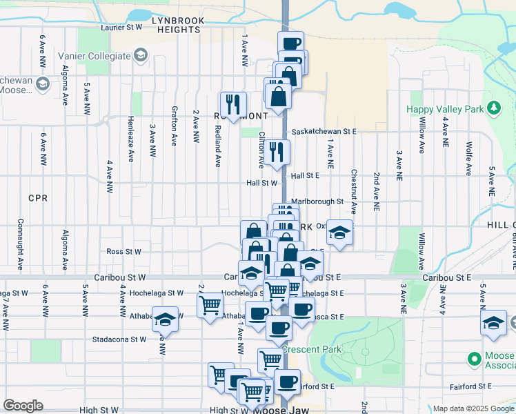 map of restaurants, bars, coffee shops, grocery stores, and more near 1038 Clifton Avenue in Moose Jaw