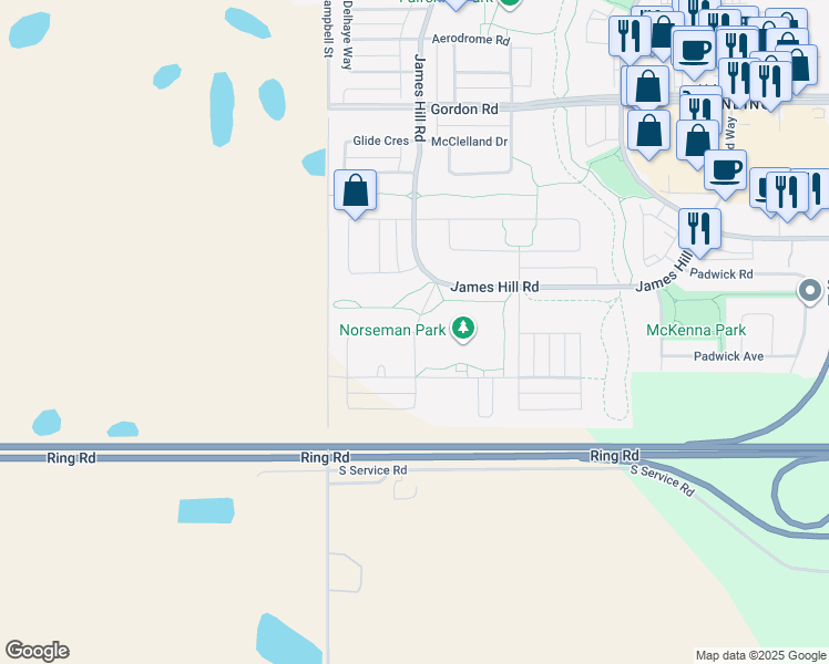map of restaurants, bars, coffee shops, grocery stores, and more near Fairchild Road in Richardson