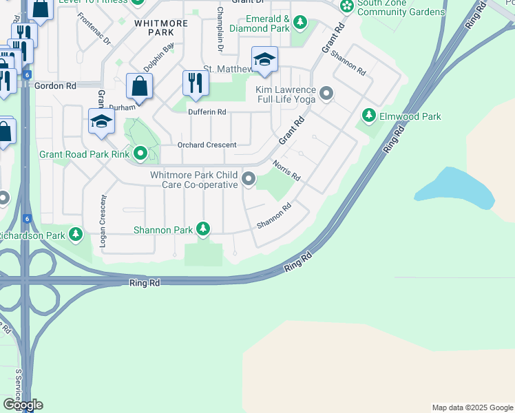 map of restaurants, bars, coffee shops, grocery stores, and more near 41 Birchwood Road in Regina