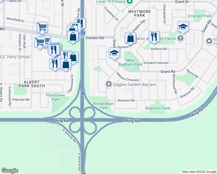 map of restaurants, bars, coffee shops, grocery stores, and more near 129 Shannon Road in Regina