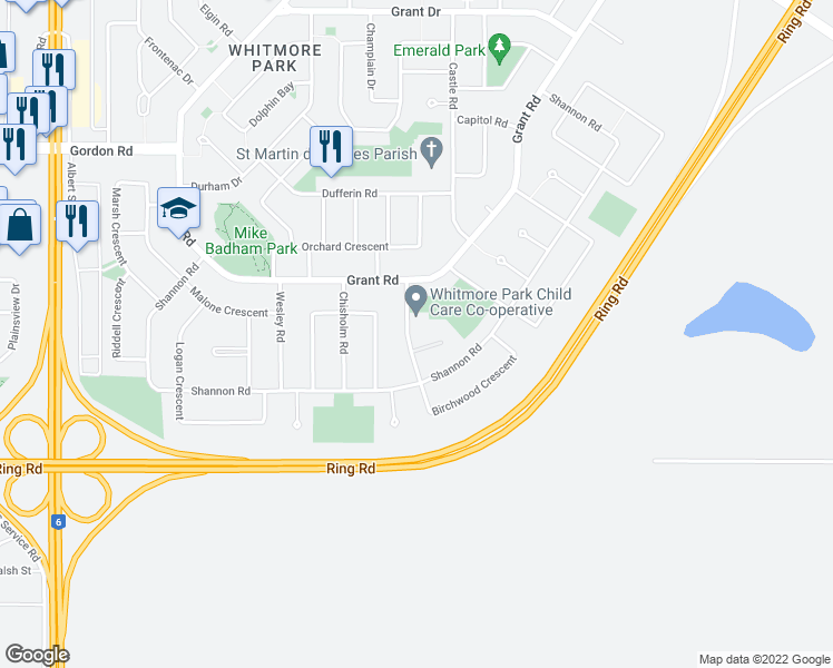 map of restaurants, bars, coffee shops, grocery stores, and more near 41 Birchwood Road in Regina