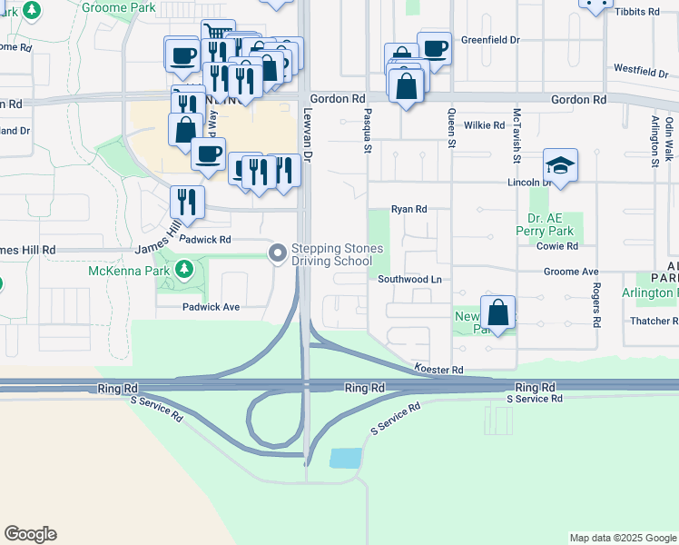 map of restaurants, bars, coffee shops, grocery stores, and more near Wintergreene Lane in Regina