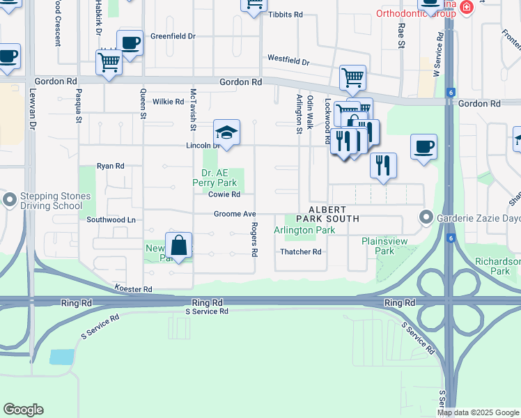 map of restaurants, bars, coffee shops, grocery stores, and more near 163 Rogers Road in Regina