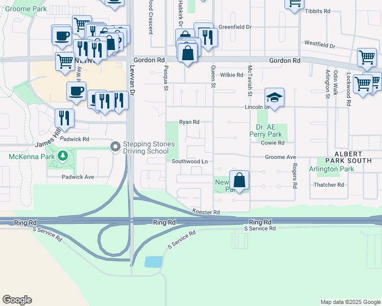 map of restaurants, bars, coffee shops, grocery stores, and more near 5000 Newport Road in Regina
