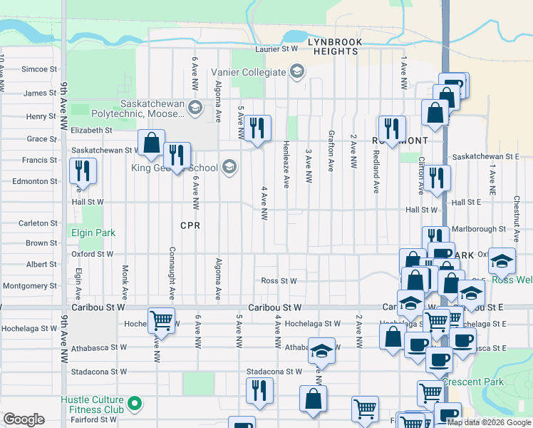 map of restaurants, bars, coffee shops, grocery stores, and more near 1045 5 Avenue Northwest in Moose Jaw