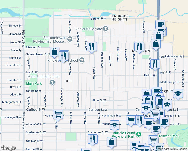 map of restaurants, bars, coffee shops, grocery stores, and more near 1100 4 Avenue Northwest in Moose Jaw