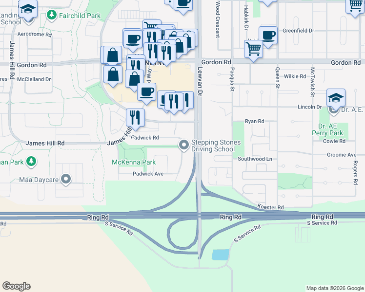 map of restaurants, bars, coffee shops, grocery stores, and more near 4538 Padwick Crescent in Richardson